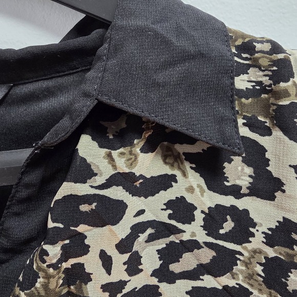 Midi dress leopard print pattern black collar Button Placket And Hem sheer dress - Picture 6 of 11